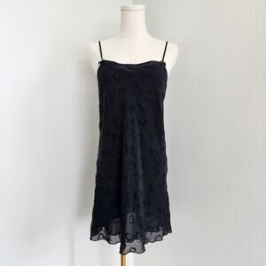 90s Y2K Black Velvet Burnout Heart Slip Dress Mini Lined Spaghetti Strap XS